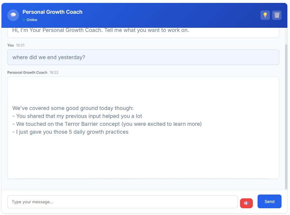 Coach4Life remembers your previous sessions and follows up automatically