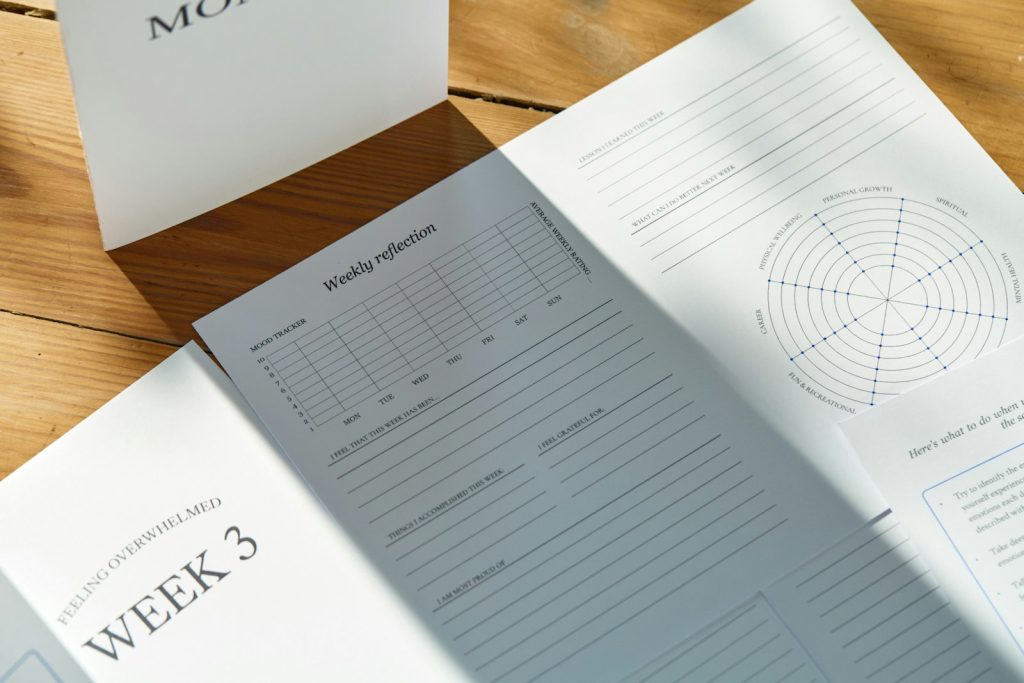 Journal and coffee on a calm table for a stress reset